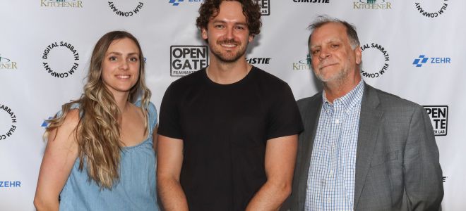  Katie Billo and Kyle Sawyer of Digital Sabbath and Bob Egan, City of Kitchener’s Film, music and interactive media officer at the premiere