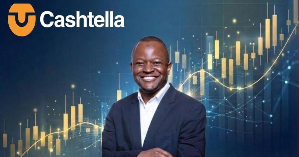 A smiling man in a dark suit jacket and white shirt positioned in front of a blue background featuring a glowing financial candlestick chart and the Cashtella logo in the top left corner.