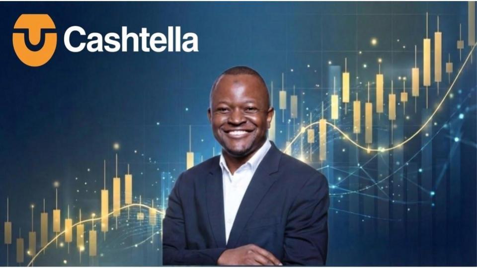 A smiling man in a dark suit jacket and white shirt positioned in front of a blue background featuring a glowing financial candlestick chart and the Cashtella logo in the top left corner.