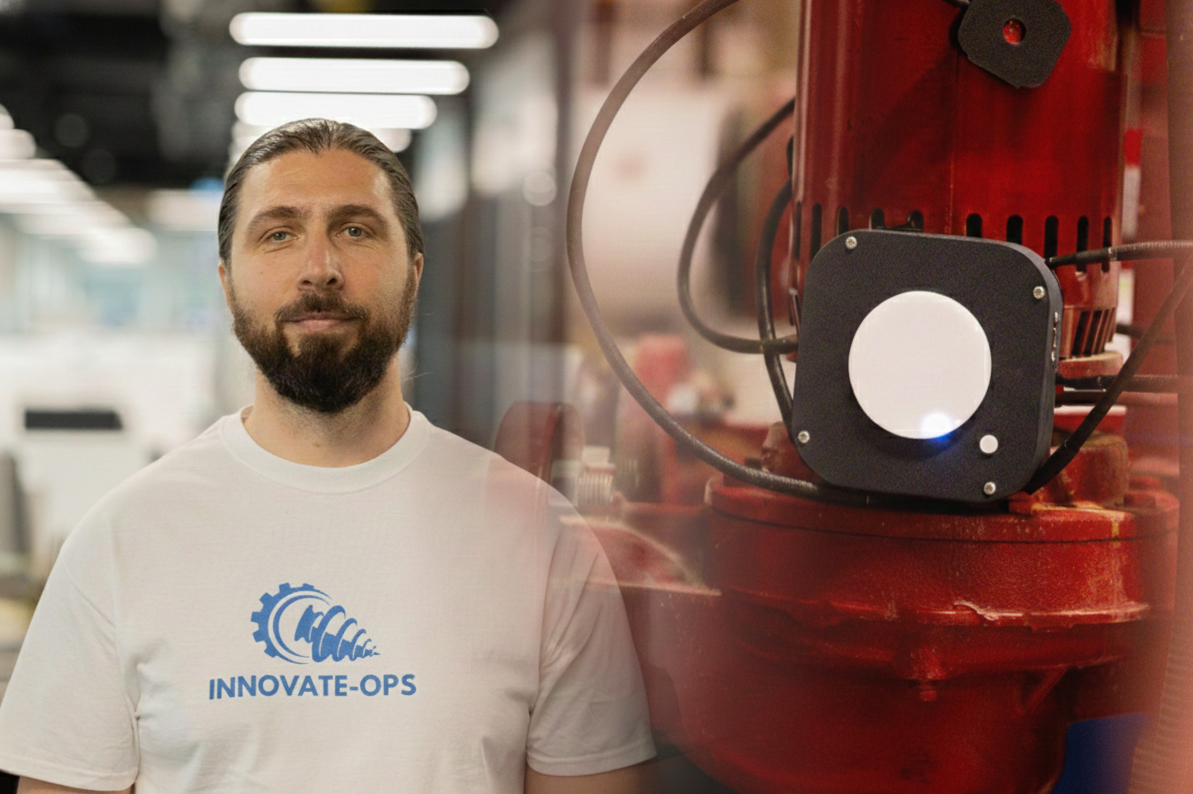 Photo-realistic hero image featuring a founder in a white 'Innovate-Ops' t-shirt on the left, blending smoothly into an image of the red Innovate-Ops product on the right. The founder is standing in an office environment, and the product image is crisp and recognizable.