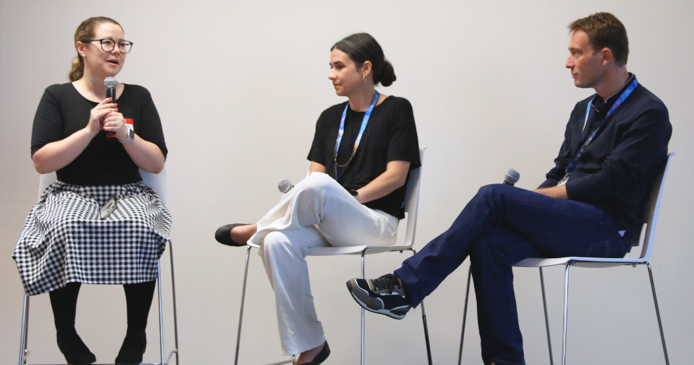 Emily Petroff, Director of External Relations at Perimeter Institute, Brigette Oakes, VP of Engineering at Firefly Aerospace, and David Louapre, AI Scientist at Hugging Face, at the Communitech Breakfast panel on how a physics mindset fuels bold innovation.