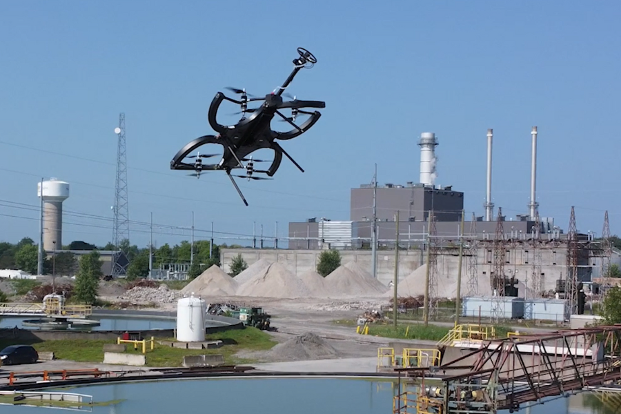 Skygauge Robotics drone flying over industrial site during inspection.