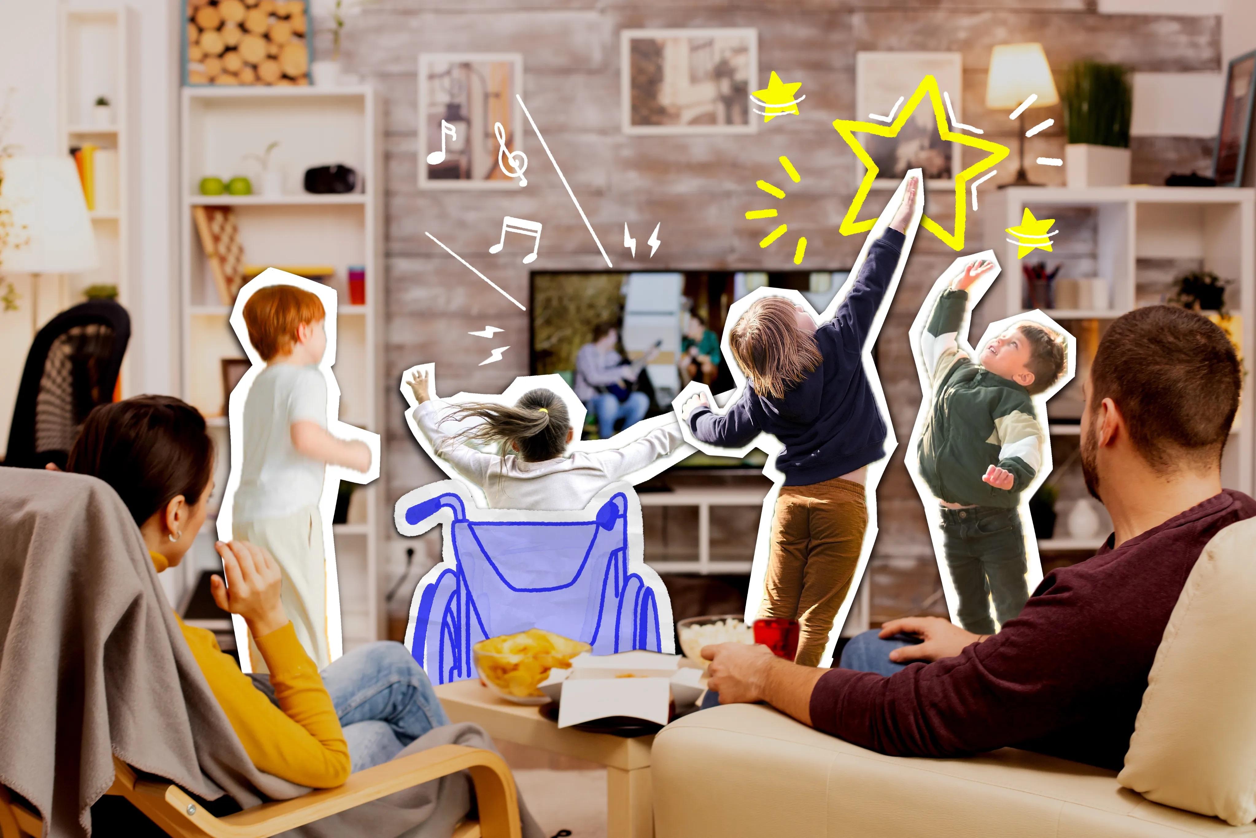 An artistic composite image shows a family in a living room watching a screen, with the children appearing as cutouts accented by hand-drawn illustrations. Two adults sit in the foreground with their backs to the camera, watching four children who are jumping and dancing in front of a TV. One child is depicted in a blue hand-drawn wheelchair with musical notes floating above them, while another child reaches toward a large, yellow hand-drawn star.