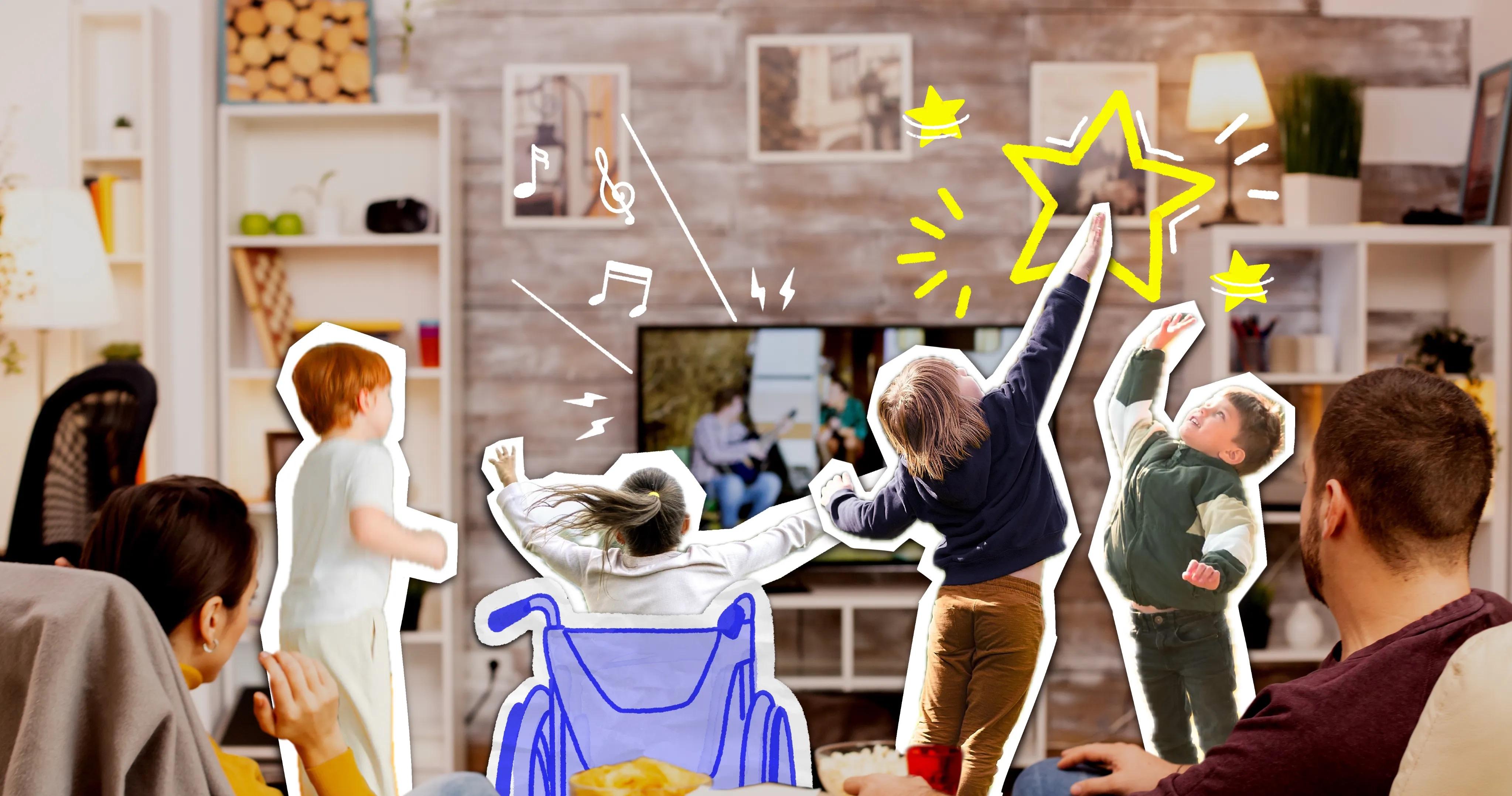 An artistic composite image shows a family in a living room watching a screen, with the children appearing as cutouts accented by hand-drawn illustrations. Two adults sit in the foreground with their backs to the camera, watching four children who are jumping and dancing in front of a TV. One child is depicted in a blue hand-drawn wheelchair with musical notes floating above them, while another child reaches toward a large, yellow hand-drawn star.
