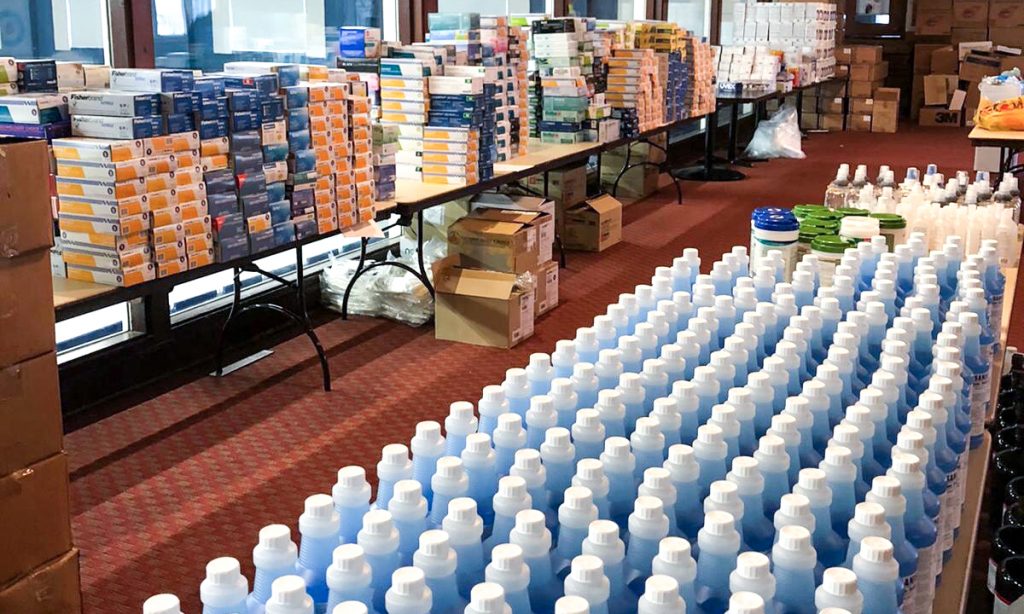Tables filled with donated goods.