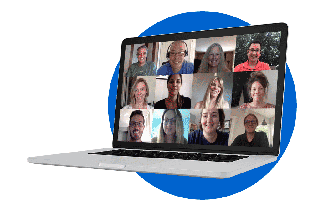 company employees connecting in a virtual meeting on a laptop
