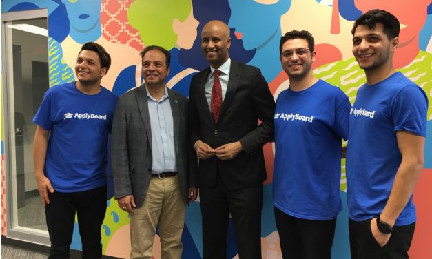 Minister of Immigration, Refugees and Citizenship, Ahmed Hussen, with Kitchener Centre MP Raj Saini with Applyboard co-founders
