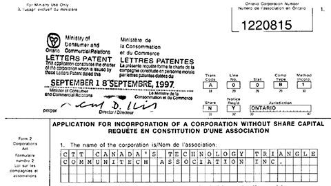 A photocopy of Communitech's Letters Patent document from the Ministry of Consumer and Commercial Relations from September 18 1997