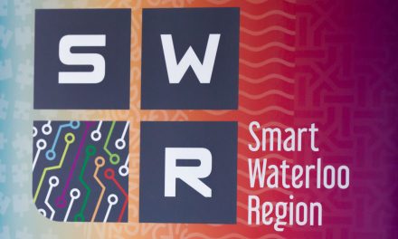 Smart Waterloo Region logo, "S W R" and a rainbow microchip design each in a grey box